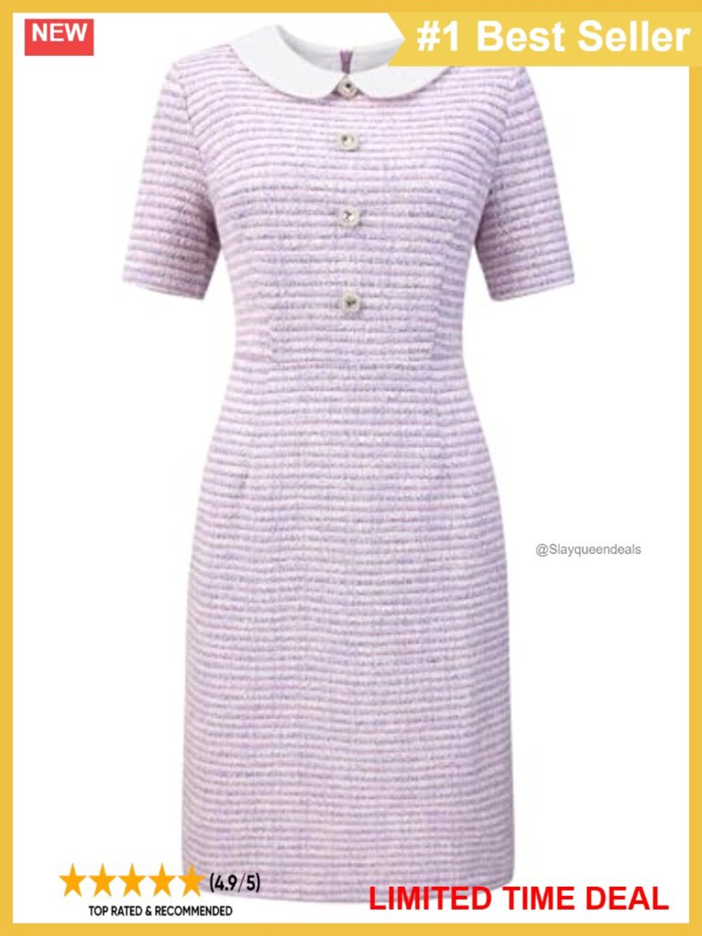 Tweed Midi Dress Peter Pan Collar Short Sleeve Business Cocktail